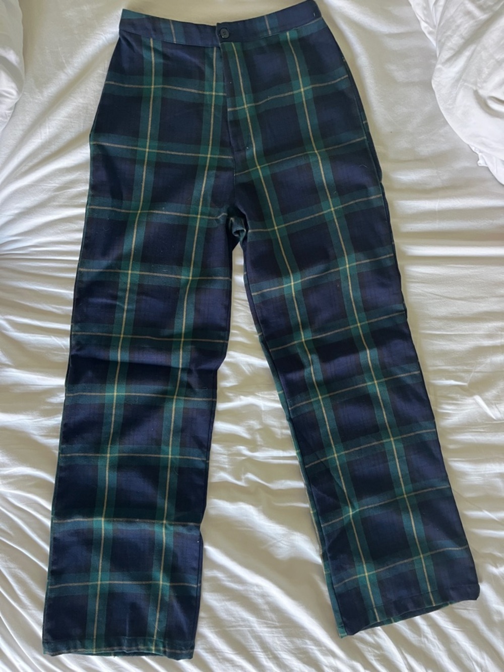 Old Brandy Melville Navy and Green Plaid Boot cut Pants with a slight flare.